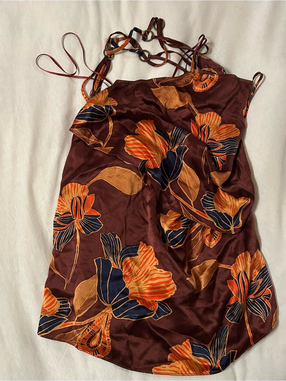 Free People Brown Satin Floral Cami with Orange & Navy Accents